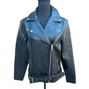Old Navy Women Black Faux Leather Moto Biker Jacket L Grunge Goth City Retro 50s